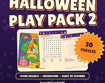Puzzle do druku na Halloween dla dzieci, wyszukiwanie słów, krzyżówki, malowanie po numerach, aktywność na imprezę w formacie PDF, pakiet 2