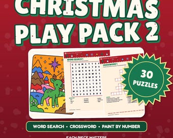 Puzzle do druku dla dzieci o tematyce bożonarodzeniowej, wyszukiwanie słów, krzyżówka, malowanie po numerach, aktywność świąteczna w formacie PDF, pakiet 2