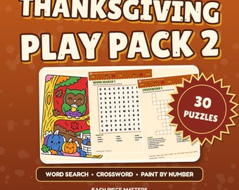 Puzzle do druku z okazji Święta Dziękczynienia dla dzieci, wyszukiwanie słów, krzyżówki, malowanie po numerach, jesienne aktywności w formacie PDF, pakiet 2