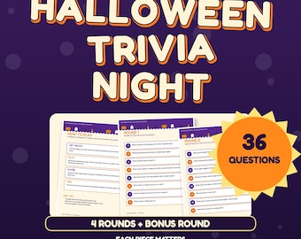 Wieczór quizowy na Halloween do druku | 36 pytań, 4 rundy + runda bonusowa | Gra rodzinna z kluczem odpowiedzi | Pobierz natychmiast