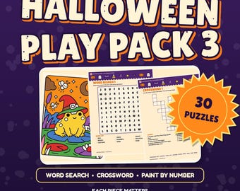 Puzzle do druku na Halloween dla dzieci, wyszukiwanie słów, krzyżówki, malowanie po numerach, aktywność na imprezę w formacie PDF, pakiet 3