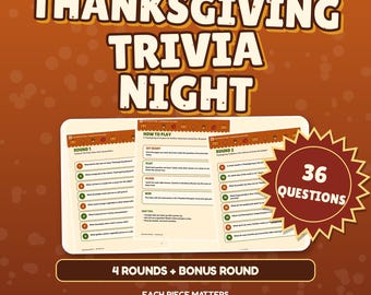 Gra quizowa do druku na Święto Dziękczynienia, 36 pytań, quiz o rodzinnym przyjęciu z okazji Święta Dziękczynienia, PDF dla dzieci i dorosłych