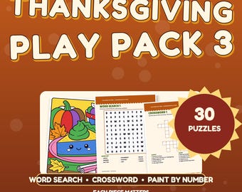 Puzzle do druku z okazji Święta Dziękczynienia dla dzieci, wyszukiwanie słów, krzyżówki, malowanie po numerach, jesienne aktywności w formacie PDF, pakiet 3