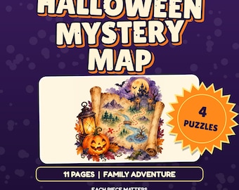 Gra „Halloween Mystery” do druku | Czterostopniowa kooperacyjna gra przygodowa z mapą i układanką dla dzieci i rodzin | Pobierz natychmiast