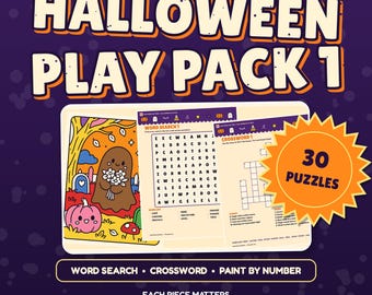 Puzzle do druku na Halloween dla dzieci, wyszukiwanie słów, krzyżówki, malowanie po numerach, aktywność na imprezę w formacie PDF, pakiet 1