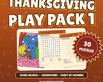Puzzle do druku z okazji Święta Dziękczynienia dla dzieci, wyszukiwanie słów, krzyżówki, malowanie po numerach, jesienna aktywność w formacie PDF, pakiet 1