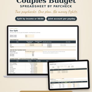 Może przedstawiać: Cyfrowy arkusz kalkulacyjny budżetu dla par w programach Excel i Google Sheets zatytułowany Couples Budget Spreadsheet by Paycheck. Interfejs zawiera sekcje dotyczące dochodów, podziału kosztów i wydatków.