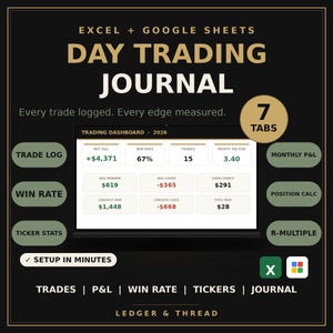 以下が含まれることがあります： ExcelおよびGoogleスプレッドシート用のデジタルデイトレードジャーナル。純損益、勝率、プロフィットファクターなどの指標を表示するトレーディングダッシュボードを備えています。7つのタブ、トレードログ、ティッカースタッツ、セットアップ手順のテキストが含まれています。