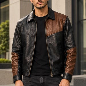 Men's Color Block Leather Biker Jacket – Retro Patchwork Moto Coat Streetwear Gift for him