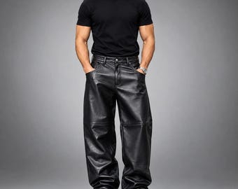 Zwarte leren herenbroek, baggy broek met wijde pijpen, losse Y2K streetwear broek, retro gothic mode, casual leren broek