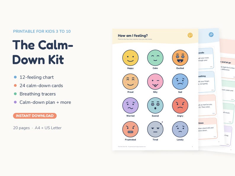 Calm Down Kit for Kids, Printable Feelings Chart, Coping Skills Cards ...