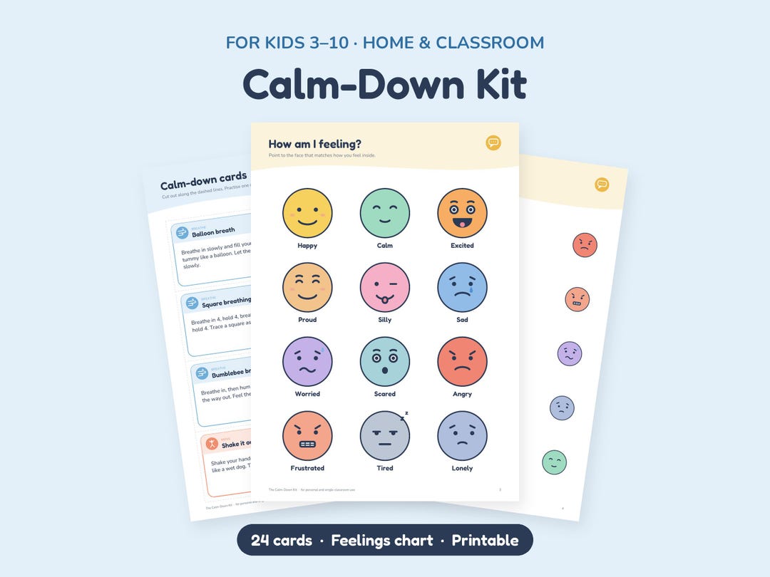 Calm Down Kit for Kids, Printable Feelings Chart, Coping Skills Cards ...