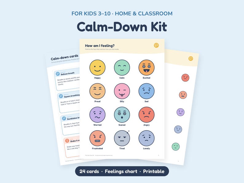 Calm Down Kit for Kids, Printable Feelings Chart, Coping Skills Cards ...