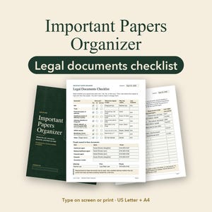 May include: An Important Papers Organizer document set featuring a dark green cover with white text and multiple white pages containing a Legal Documents Checklist with tables for tracking financial, medical, and legal information in A4 size.