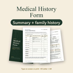 May include: A set of printable medical history forms featuring a dark green cover page titled Medical History Form and white interior pages with tables for family health history, personal information, and emergency contacts in US Letter size.