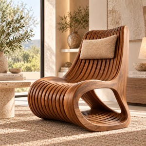 May include: A low-profile lounge chair constructed from curved, parallel wooden slats in a warm brown tone. The chair features a continuous, flowing frame design and includes a rectangular, textured beige fabric headrest cushion attached at the top.
