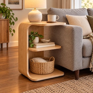 May include: A C-shaped side table made of light-toned wood with a smooth, curved frame. The table features a top surface, a middle shelf holding a small potted plant and a bowl on books, and a bottom shelf containing a woven seagrass basket.