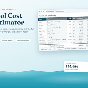 Peut inclure: Un modèle numérique d'estimation de coût de piscine présentant une interface de feuille de calcul avec des colonnes pour le code, l'article, la quantité, l'unité, le coût total, le prix total et la marge. Le texte indique Pool Cost Estimator.
