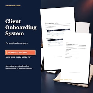 Puede incluir: Un sistema digital de incorporación de clientes para gestores de redes sociales con más de 23 archivos listos para usar en Canva, Word, Excel, Notion y PDF. El documento muestra un paquete de bienvenida y un cuestionario de admisión.