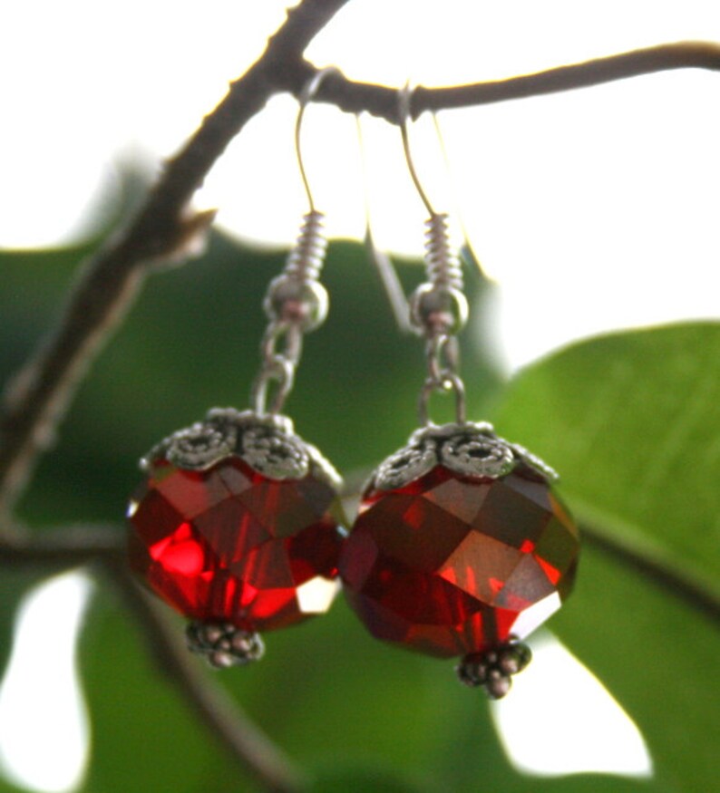 Lovely Cherry Red Crystal and Silver Dangles Earrings Etsy
