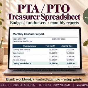 PTA Treasurer Spreadsheet, PTO Budget, Monthly Reports and Bank Reconciliation
