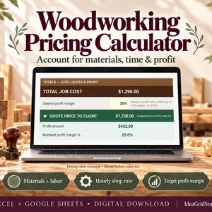 Op de afbeelding: Een digitale houtbewerkingscalculator op een laptopscherm met velden voor totale kluskosten, winstmarge en offerteprijs. De interface bevat secties voor materialen, arbeid, uurtarief van de werkplaats en de beoogde winstmarge.