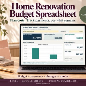 Può includere: Uno schermo di computer portatile che mostra un foglio di calcolo per il budget di ristrutturazione domestica con una dashboard di budget, costi e pagamenti. L'interfaccia include un grafico a barre che confronta i costi disponibili e previsti.