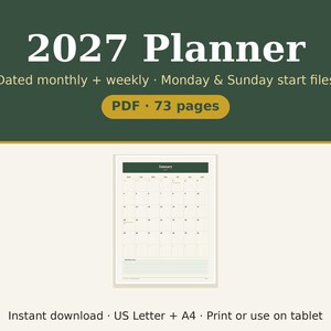 2027 Planner Printable, Dated Monthly Weekly Calendar Organizer, Monday Sunday Start, US Letter A4 PDF