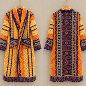 May include: A long-sleeved robe featuring a vibrant orange and yellow geometric pattern with contrasting deep blue trim. The front displays two patch pockets and a shawl collar, while the back showcases a central vertical panel with intricate diamond motifs.