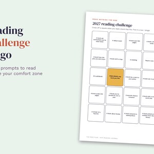 May include: A 2027 reading challenge bingo card featuring 25 squares with various book prompts. The text reads Reading challenge bingo, 25 fun prompts to read outside your comfort zone, and Read Outside The Box. One square is highlighted in yellow.