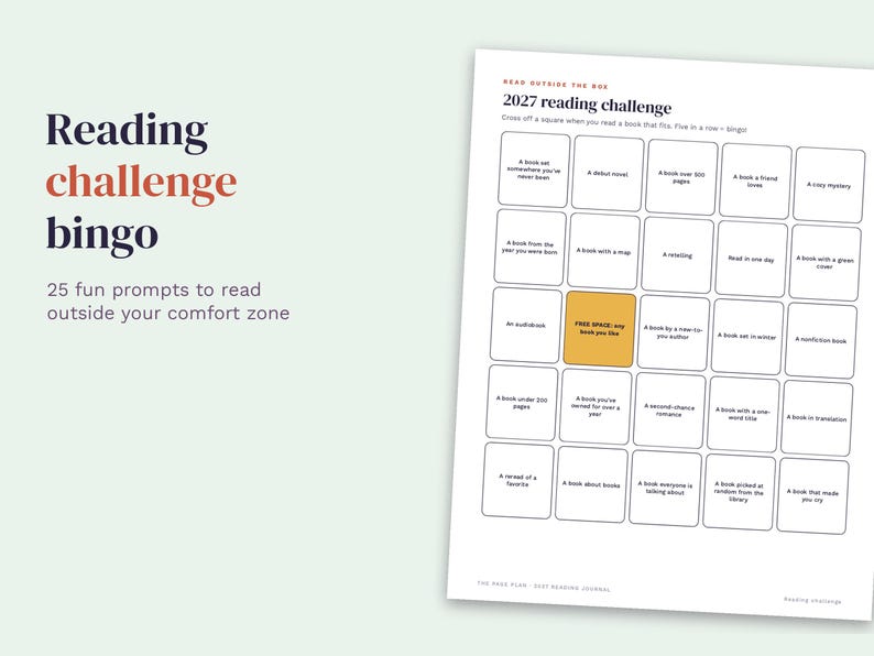 May include: A 2027 reading challenge bingo card featuring 25 squares with various book prompts. The text reads Reading challenge bingo, 25 fun prompts to read outside your comfort zone, and Read Outside The Box. One square is highlighted in yellow.