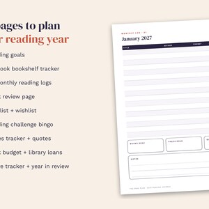 May include: A reading journal planner page with 26 pages to plan your reading year. The text lists features including reading goals, a 52-book bookshelf tracker, monthly logs, and a review page. A January 2027 monthly log template is shown on the right.