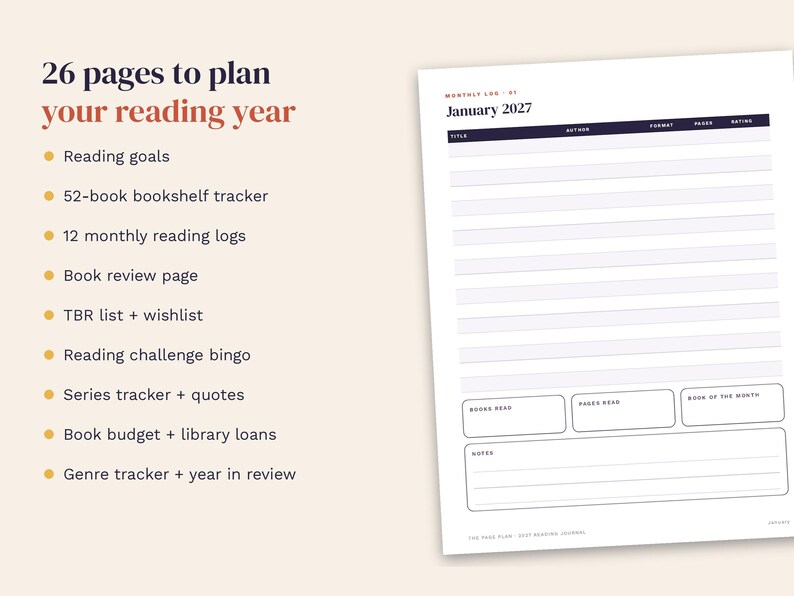 May include: A reading journal planner page with 26 pages to plan your reading year. The text lists features including reading goals, a 52-book bookshelf tracker, monthly logs, and a review page. A January 2027 monthly log template is shown on the right.