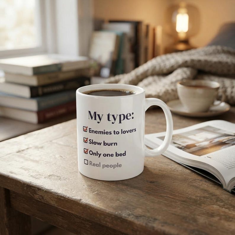 Book Lover Mug, Trope Checklist Coffee Cup, Reader Gift (11 oz) image 1