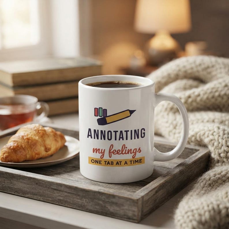 Puede incluir: Una taza de cer&aacute;mica blanca con un gr&aacute;fico de un l&aacute;piz amarillo y pesta&ntilde;as de colores. El texto "ANNOTATING my feelings ONE TAB AT A TIME" aparece en azul oscuro, naranja y amarillo. La taza tiene un asa est&aacute;ndar y un acabado liso.
