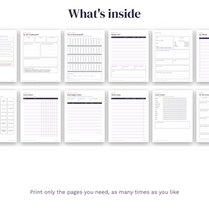 May include: A collection of twelve white printable planner pages arranged in two rows. The text "What's inside" appears at the top, and "Print only the pages you need, as many times as you like" is at the bottom. Each page features black lines, boxes, and headers for tracking reading goals, book budgets, and challenges.
