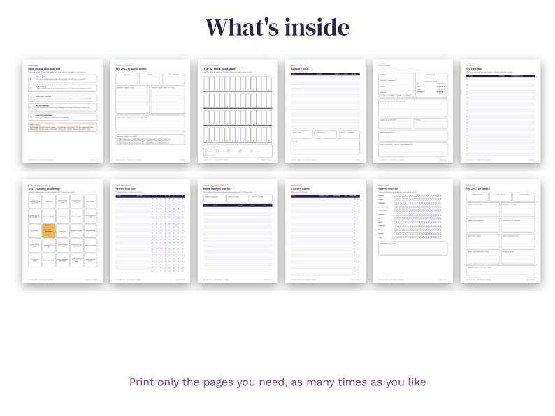 May include: A collection of twelve white printable planner pages arranged in two rows. The text "What's inside" appears at the top, and "Print only the pages you need, as many times as you like" is at the bottom. Each page features black lines, boxes, and headers for tracking reading goals, book budgets, and challenges.