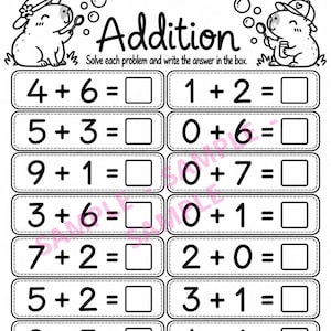 May include: A black and white educational worksheet titled Addition with lines for Name and Date. It features two capybara illustrations blowing bubbles and fourteen math problems arranged in two columns, each with a blank box for the answer.