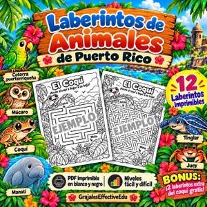 Peut inclure: Un livre d'activités numérique intitulé Laberintos de Animales de Puerto Rico comprenant douze labyrinthes imprimables. La couverture présente des illustrations colorées d'un perroquet, d'un hibou, d'une grenouille, d'un lamantin, d'une tortue et d'un crabe.