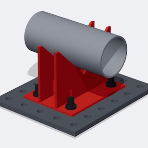Op de afbeelding: Een grijze cilindrische buis die horizontaal op een rode metalen steunbeugel rust. De beugel is vastgeschroefd aan een donkergrijze rechthoekige basisplaat met meerdere cirkelvormige gaten langs de rand, wat zorgt voor een stabiele montagestructuur.