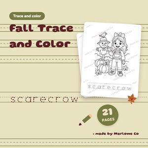 Op de afbeelding: Een digitaal activiteitenblad getiteld Fall Trace and Color met een zwart-wit lijntekening van een kind naast een vogelverschrikker en pompoenen. De pagina bevat het woord scarecrow in een stippellijnlettertype om over te trekken.