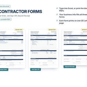 Contractor Forms for Excel and PDF, Change Order, Job Sign Off, Deposit Receipt