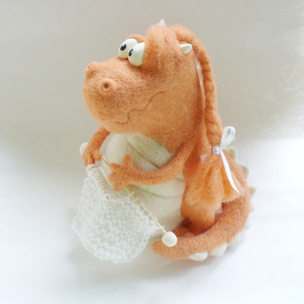 Needle Felted Toy - Dragon-Peach-Soft Sculpture, OOAK