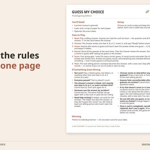 May include: A printable game instruction sheet titled Guess My Choice Thanksgiving Edition. The document outlines rules, setup, and gameplay steps in black text on a white background, featuring sections for You'll Need, How to Play, and Winning.