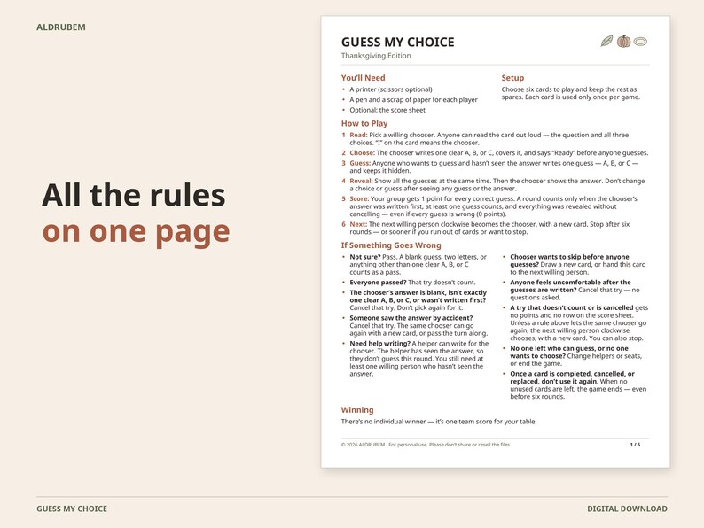 May include: A printable game instruction sheet titled Guess My Choice Thanksgiving Edition. The document outlines rules, setup, and gameplay steps in black text on a white background, featuring sections for You'll Need, How to Play, and Winning.