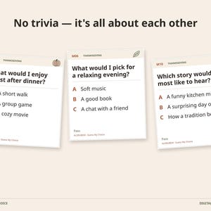 May include: Three rectangular game cards with the title No trivia &mdash; it's all about each other. Each card features a Thanksgiving theme with multiple-choice questions labeled M02, M06, and M10, including options like A short walk, Soft music, and A funny kitchen mix-up.