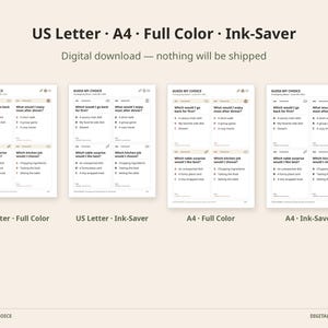 May include: Four digital game sheets titled Guess My Choice with questions about Thanksgiving preferences. The text includes US Letter, A4, Full Color, and Ink-Saver options. Each sheet features multiple-choice questions like Which would I go back for first and Which would I enjoy most after dinner.