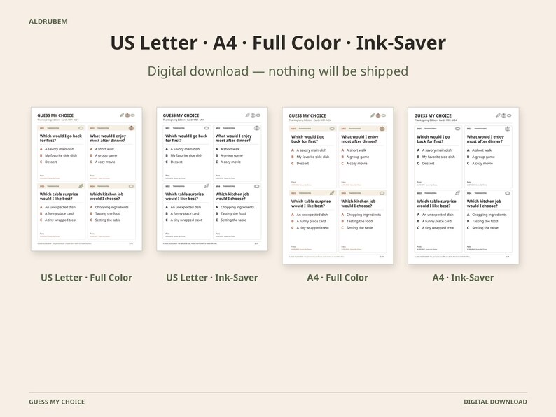 May include: Four digital game sheets titled Guess My Choice with questions about Thanksgiving preferences. The text includes US Letter, A4, Full Color, and Ink-Saver options. Each sheet features multiple-choice questions like Which would I go back for first and Which would I enjoy most after dinner.