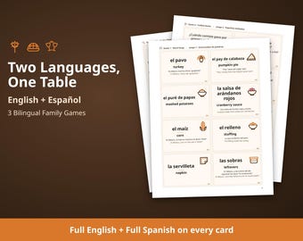 May include: A set of bilingual English and Spanish family game cards featuring text and icons for food items like turkey, pumpkin pie, mashed potatoes, cranberry sauce, corn, stuffing, napkin, and leftovers, with the title Two Languages, One Table.
