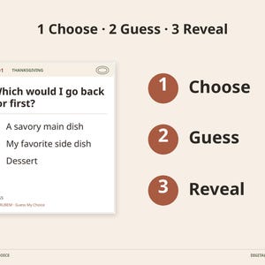 May include: A digital game card titled M01 THANKSGIVING featuring the question Which would I go back for first? with options A A savory main dish, B My favorite side dish, and C Dessert. The layout includes the text 1 Choose 2 Guess 3 Reveal.